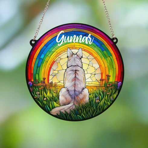 German Shepherd White Rainbow Bridge Personalised Stained Glass Effect Suncatcher